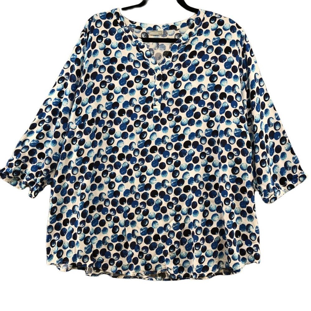 Laura Torelli 3/4 Sleeve Popover Blouse‎ Womens L White Blue Polka Dot Rayon